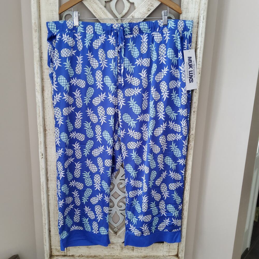 Muk Luks Boho Chic Whimsigoth Pajama Pants Blue Pineapple Satin Plus Size 2X